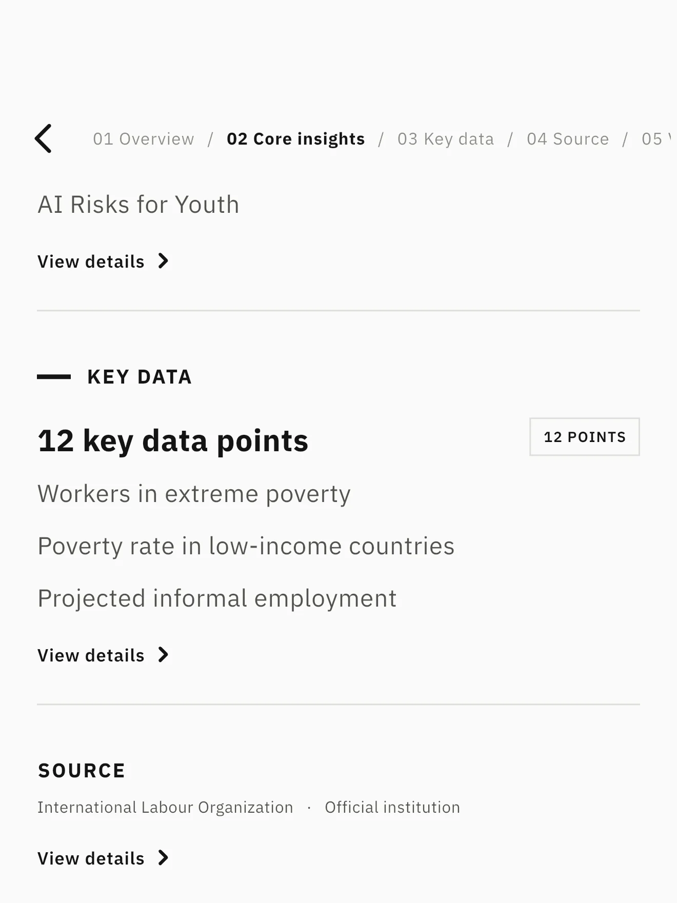 Key-data view: figures lifted from the report, each labeled with its source