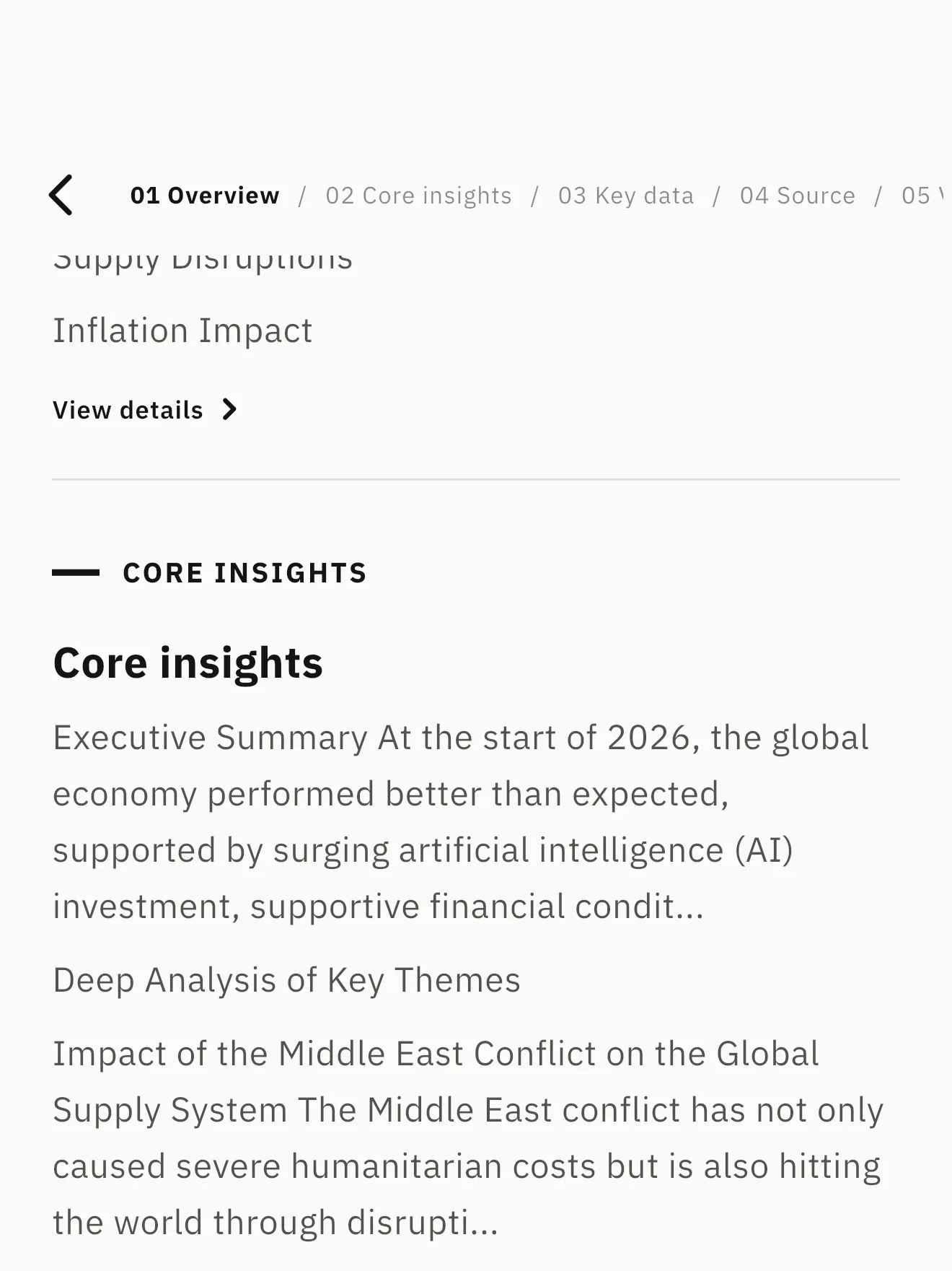 A report broken into structured chapters including overview, core insights, key data, source, and viewpoints